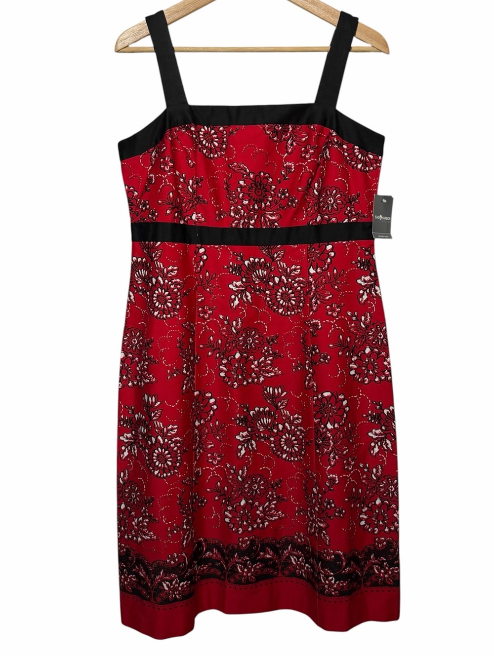 Sag Harbor Womens Red Black Floral Stretch Cotton Sleeveless Wide Strap Dress 8